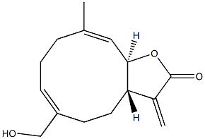 [3aS,6E,10E,11aR,(+)]-3a,4,5,8,9,11a-ヘキサヒドロ-6-(ヒドロキシメチル)-10-メチル-3-メチレンシクロデカ[b]フラン-2(3H)-オン 化学構造式