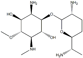1-Amino-1,4-dideoxy-2-O-(2,6-diamino-2,3,4,6,7-pentadeoxy-β-L-lyxo-heptopyranosyl)-5-O-methyl-4-(methylamino)-D-scyllo-inositol 结构式
