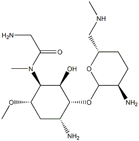 2-Amino-5-[(aminoacetyl)methylamino]-1-O-[2-amino-2,3,4,6-tetradeoxy-6-(methylamino)-α-D-erythro-hexopyranosyl]-2,3,5-trideoxy-4-O-methyl-D-allo-inositol Structure