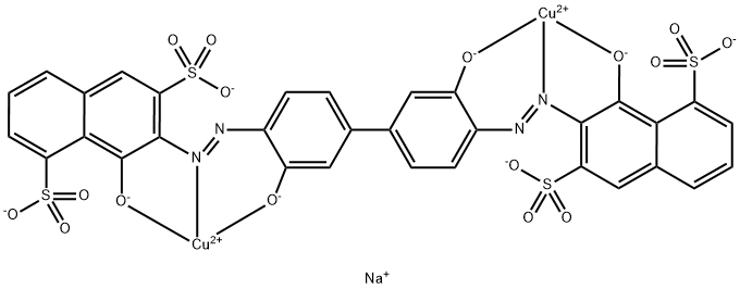 tetrasodium [mu-[[7,7'-[(3,3'-dihydroxy[1,1'-biphenyl]-4,4'-diyl)bis(azo)]bis[8-hydroxynaphthalene-1,6-disulphonato]](8-)]]dicuprate(4-) Struktur