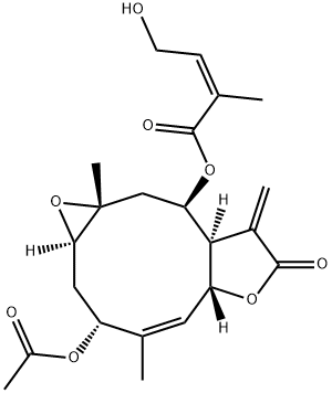 (Z)-4-ヒドロキシ-2-メチル-2-ブテン酸[(1aR,3R,4Z,5aR,8aR,9R,10aR)-3-アセトキシ-1a,2,3,5a,7,8,8a,9,10,10a-デカヒドロ-4,10a-ジメチル-8-メチレン-7-オキソオキシレノ[5,6]シクロデカ[1,2-b]フラン-9-イル] 化学構造式