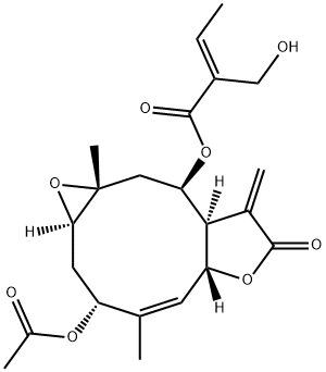 (E)-2-Hydroxymethyl-2-butenoic acid [(1aR,3R,4Z,5aR,8aR,9R,10aR)-3-acetoxy-1a,2,3,5a,7,8,8a,9,10,10a-decahydro-4,10a-dimethyl-8-methylene-7-oxooxireno[5,6]cyclodeca[1,2-b]furan-9-yl] ester 结构式
