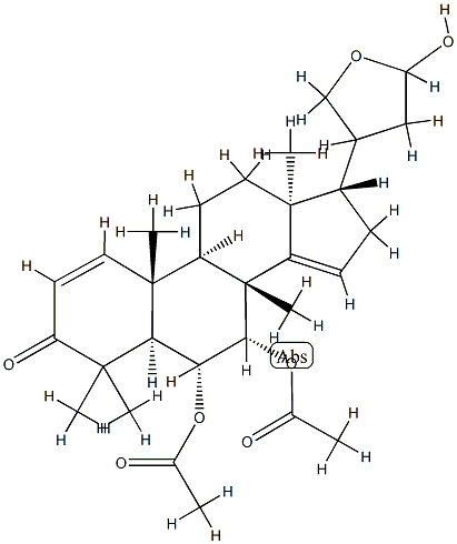 (13S,17S,20ξ)-6α,7α-Diacetoxy-21,23-epoxy-23-hydroxy-4,4,8-trimethyl-24-nor-5α-chola-1,14-dien-3-one 结构式