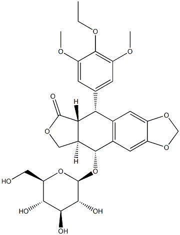 (5R,5aα)-5,8,8aβ,9-テトラヒドロ-9β-(β-D-グルコピラノシルオキシ)-5β-(3,5-ジメトキシ-4-エトキシフェニル)フロ[3',4':6,7]ナフト[2,3-d]-1,3-ジオキソール-6(5aH)-オン 化学構造式