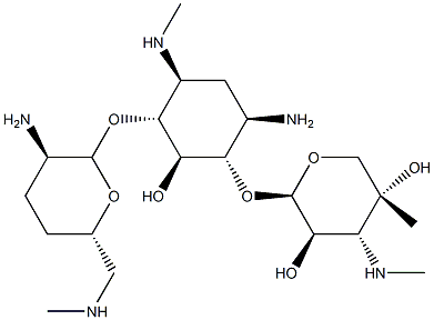 4-O-(2-アミノ-6-メチルアミノ-2,3,4,6-テトラデオキシ-α-D-erythro-ヘキソピラノシル)-6-O-[4-C-メチル-3-(メチルアミノ)-3-デオキシ-β-L-arabino-ペントピラノシル]-N'-メチル-2-デオキシ-D-ストレプタミン 化学構造式
