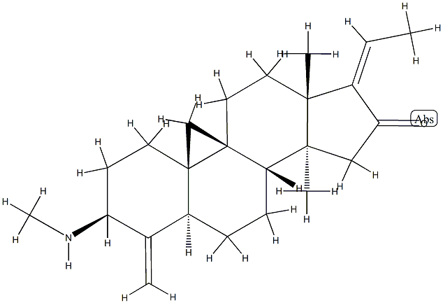 (17E)-14-メチル-3β-(メチルアミノ)-4-メチレン-9β,19-シクロ-5α-プレグナ-17(20)-エン-16-オン 化学構造式