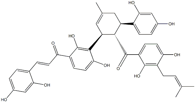 2-Propen-1-one, 1-(3-((1S,5R,6S)-6-(2,4-dihydroxy-3-(3-methyl-2-buteny l)benzoyl)-5-(2,4-dihydroxyphenyl)-3-methyl-2-cyclohexen-1-yl)-2,4-dih ydroxyphenyl)-3-(2,4-dihydroxyphenyl)-, (2E)- 结构式