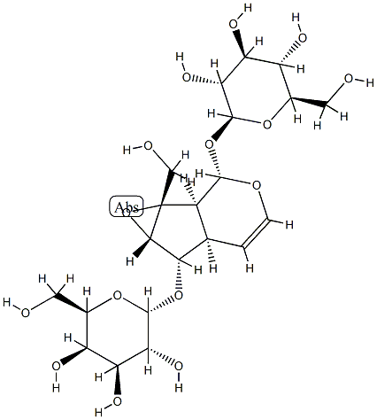 [(1aS,1bα,5aα,6aβ)-2α-(β-D-グルコピラノシルオキシ)-1a,1b,2,5a,6,6a-ヘキサヒドロ-1aβ-(ヒドロキシメチル)オキシレノ[4,5]シクロペンタ[1,2-c]ピラン-6α-イル]α-D-ガラクトピラノシド 化学構造式