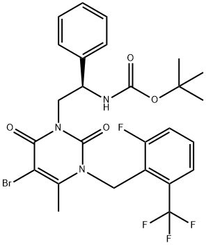 Carbamic acid, N-[(1R)-2-[5-bromo-3-[[2-fluoro-6-(trifluoromethyl)phenyl]methyl]-3,6-dihydro-4-methyl-2,6-dioxo-1(2H)-pyrimidinyl]-1-phenylethyl]-, 1,1-dimethylethyl ester Structure