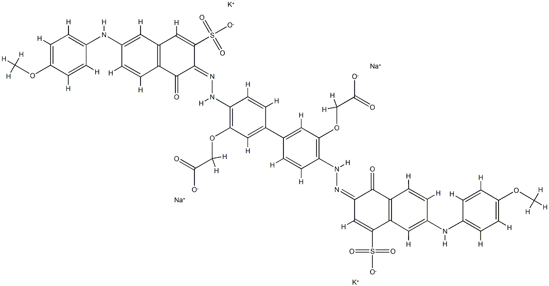Acetic acid, 2,2'-[[4-[[1-hydroxy-6-[( 4-methoxyphenyl)amino]-3-sulfo-2-naphthalenyl]azo ]-4'-[[1-hydroxy-6-[(4-methoxyphenyl)amino]-4-sulf o-2-naphthalenyl]azo][1,1'-biphenyl]-3,3'-diyl]b is(oxy)]bis-, potassium sodium salt Structure