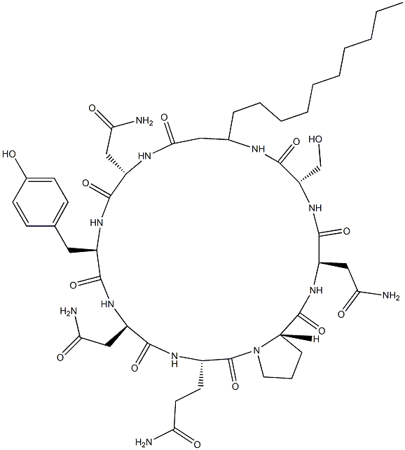 Cyclo[D-Tyr-D-Asp(NH2)-L-Glu(NH2)-L-Pro-D-Asp(NH2)-L-Ser-3-decyl-βAla-L-Asp(NH2)-] Structure