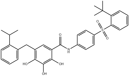 N-[4-(2-叔丁基苯磺酰基)苯基]-2,3,4-三羟基-5-(2-异丙基苯基甲基)苯甲酰胺 结构式