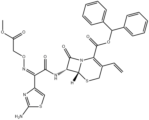 (6R,7R)-7α-[(2-Aminothiazol-4-yl)[(Z)-methoxycarbonylmethoxyimino]acetylamino]-8-oxo-3-vinyl-5-thia-1-azabicyclo[4.2.0]oct-2-ene-2-carboxylic acid benzhydryl ester 结构式