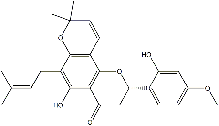 (S)-2,3-ジヒドロ-5-ヒドロキシ-2-(2-ヒドロキシ-4-メトキシフェニル)-8,8-ジメチル-6-(3-メチル-2-ブテニル)-4H,8H-ベンゾ[1,2-b:3,4-b']ジピラン-4-オン 化学構造式