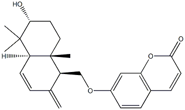 (-)-7-[[(1S)-1,2,4aα,5,6,7,8,8a-オクタヒドロ-6α-ヒドロキシ-5,5,8aβ-トリメチル-2-メチレンナフタレン-1β-イル]メトキシ]-2H-1-ベンゾピラン-2-オン 化学構造式