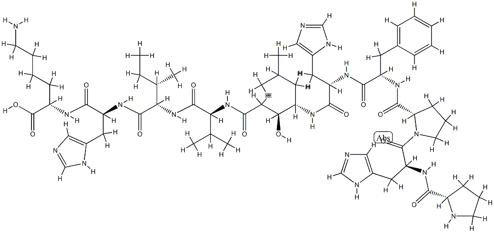 [(4S)-3-ヒドロキシ-4-(L-Pro-L-His-L-Pro-L-Phe-L-His-アミノ)-6-メチルヘプタノイル]-L-Val-L-Ile-L-His-L-Lys-OH 化学構造式