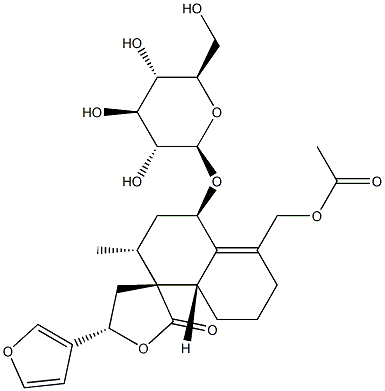 (3R,5S)-5'-[(Acetyloxy)methyl]-5-(3-furanyl)-4'β-(β-D-glucopyranosyloxy)-3',4,4',5,6',7',8',8'aβ-octahydro-2'α-methylspiro[furan-3(2H),1'(2'H)-naphthalen]-2-one Struktur
