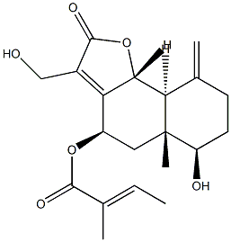 (E)-2-メチル-2-ブテン酸(4R)-2,4,5,5a,6,7,8,9,9aβ,9bα-デカヒドロ-6α-ヒドロキシ-3-(ヒドロキシメチル)-5aα-メチル-9-メチレン-2-オキソナフト[1,2-b]フラン-4α-イル 化学構造式