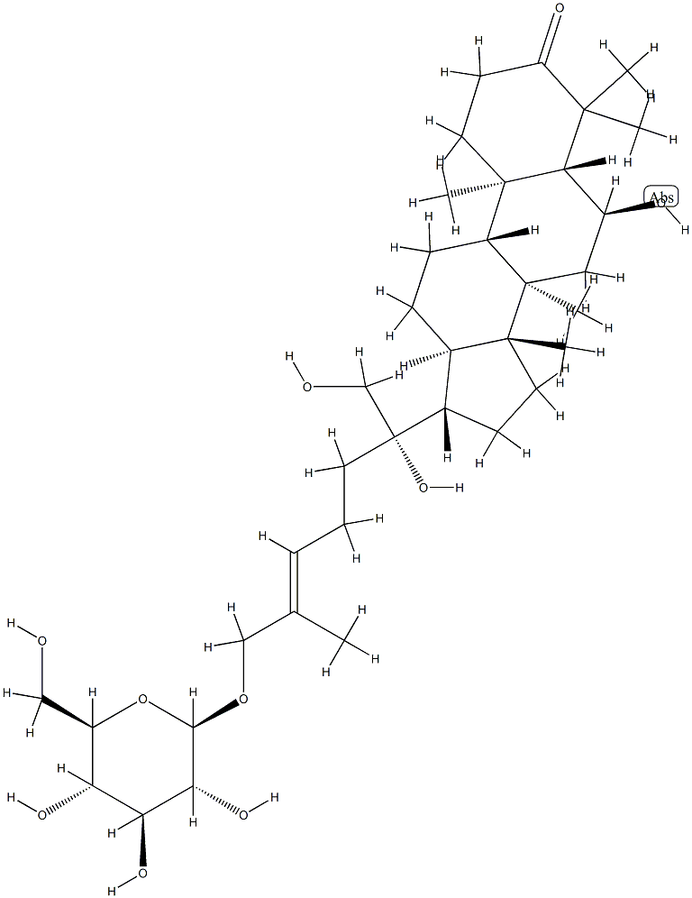 (24E)-26-(β-D-グルコピラノシルオキシ)-6α,20,21-トリヒドロキシダンマラ-24-エン-3-オン 化学構造式