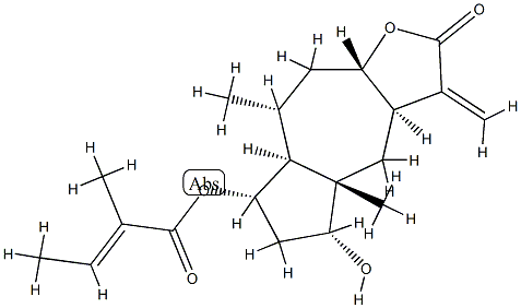 [E,(-)]-2-メチル-2-ブテン酸(3aR,3aα,7aα,9aβ)-ドデカヒドロ-5α-ヒドロキシ-3-メチレン-4aβ,8α-ジメチル-2-オキソアズレノ[6,5-b]フラン-7α-イル 化学構造式