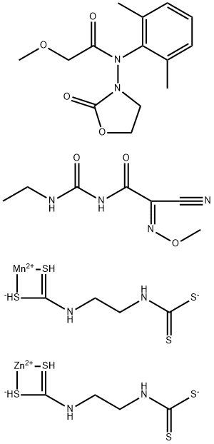 (2Z)-2-cyano-N-(ethylcarbamoyl)-2-methoxyimino-acetamide: N-(2,6-dimet hylphenyl)-2-methoxy-N-(2-oxooxazolidin-3-yl)acetamide: manganese(+2) cation: [2-(sulfidocarbothioylamino)ethylamino]methanedithioate: zinc( +2) cation 结构式
