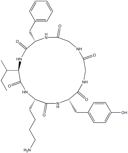 (3S,6S,9R,12S)-6-(4-aminobutyl)-12-benzyl-9-butan-2-yl-3-[(4-hydroxyph enyl)methyl]-1,4,7,10,13,16-hexazacyclooctadecane-2,5,8,11,14,17-hexon e 结构式