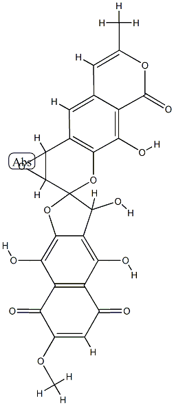 1'a,9'b-Dihydro-3,4,4',9-tetrahydroxy-7-methoxy-7'-methylspiro[naphtho[2,3-b]furan-2(3H),2'(5'H)-oxireno[d]benzo[1,2-b:5,4-c']dipyran]-5,5',8-trione Struktur