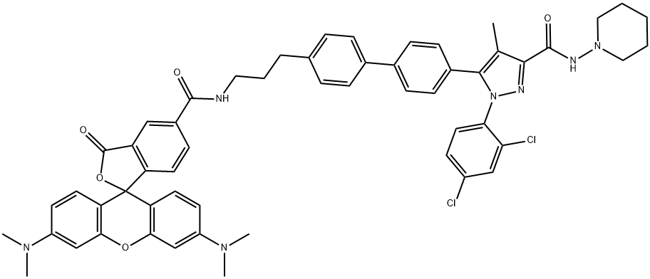 N-(Piperidin-1-yl)-5-(4-(4-(3-(5-carboxamidotetramethylrhodaminyl)propyl))phenyl)-1-(2,4-dichlorophenyl)-4-methyl-1H-pyrazole-3-carboxamide Struktur