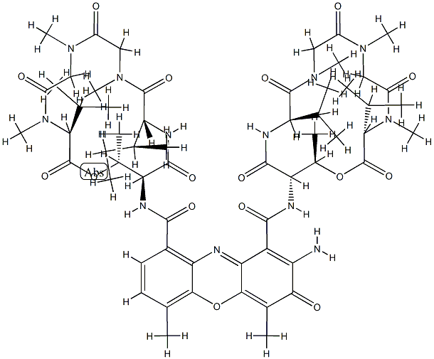 アクチノシンジオイル[シクロ(L-Thr*-D-aIle-N-メチルGly-N-メチルGly-N-メチル-L-Val-)]シクロ(L-Thr*-D-Val-N-メチルGly-N-メチルGly-N-メチル-L-Val-) 化学構造式
