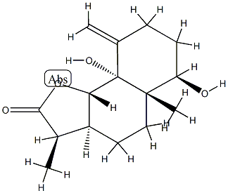 (3R)-3aβ,4,5,5a,6,7,8,9,9a,9bα-デカヒドロ-6α,9aβ-ジヒドロキシ-3α,5aα-ジメチル-9-メチレンナフト[1,2-b]フラン-2(3H)-オン 化学構造式