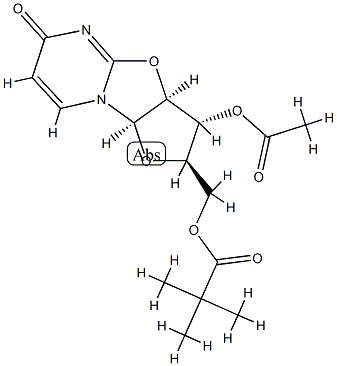 2,2-ジメチルプロピオン酸[(2R)-3β-アセトキシ-2,3,3aβ,9aβ-テトラヒドロ-6-オキソ-6H-フロ[2',3':4,5]オキサゾロ[3,2-a]ピリミジン-2α-イル]メチル 化学構造式