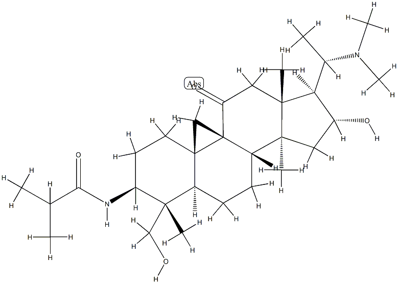 N-[(20S)-20-(ジメチルアミノ)-16α-ヒドロキシ-4α-(ヒドロキシメチル)-4,14-ジメチル-11-オキソ-9β,19-シクロ-5α-プレグナン-3β-イル]-2-メチルプロピオンアミド 化学構造式