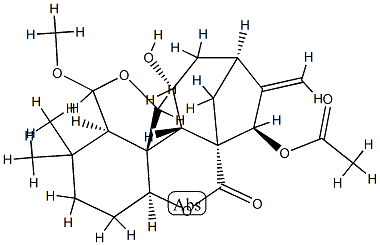 (10bS)-1,2,3,3aβ,6,7,8,9,10,10aα,13,13aβ-Dodecahydro-6α-acetoxy-10β-hydroxy-1,1-dimethyl-7-methylene-13-methoxy-5H-5aβ,8β-methanocyclohepta[c]furo[3,4-e][1]benzopyran-5-one Struktur