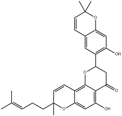 2,3-Dihydro-5-hydroxy-2-(7-hydroxy-2,2-dimethyl-2H-1-benzopyran-6-yl)-8-methyl-8-(4-methyl-3-pentenyl)-4H,8H-benzo[1,2-b:3,4-b']dipyran-4-one Struktur