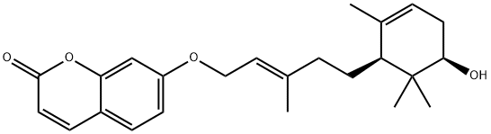 7-[[(E)-5-[(1S,3R)-3-ヒドロキシ-2,2-ジメチル-6-メチル-5-シクロヘキセン-1-イル]-3-メチル-2-ペンテニル]オキシ]-2H-1-ベンゾピラン-2-オン 化学構造式