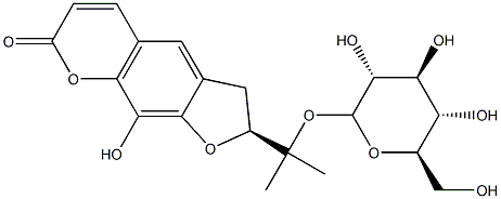 (R)-2-[1-(β-D-グルコピラノシルオキシ)-1-メチルエチル]-2,3-ジヒドロ-9-ヒドロキシ-7H-フロ[3,2-g][1]ベンゾピラン-7-オン 化学構造式