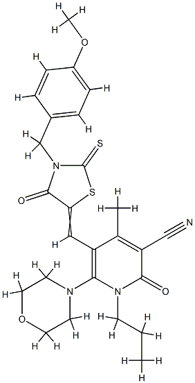 5-[[3-[(4-methoxyphenyl)methyl]-4-oxo-2-sulfanylidene-thiazolidin-5-ylidene]methyl]-4-methyl-6-morpholin-4-yl-2-oxo-1-propyl-pyridine-3-carbonitrile Struktur