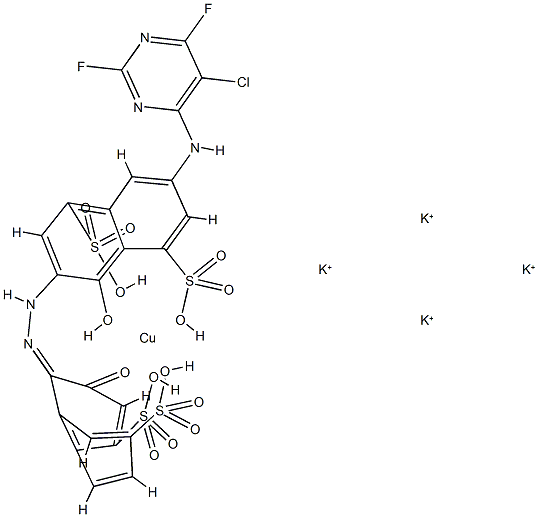 [7-[(5-氯-2,6-二氟-4-嘧啶基)氨基]-4-羟基-3-[(2-羟基-4,7-二磺基-1-萘基)偶氮]-1,5-萘二磺酸合(6-)]铜酸(4-)四钾盐, 71735-60-9, 结构式