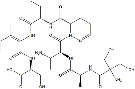 N-[(E)-2-[[[(6S)-1-[(3S)-N-(2-ヒドロキシメチルSer-L-Ala-)-3-アミノ-L-Abu-]-1,4,5,6-テトラヒドロピリダジン-6-イル]カルボニル-L-Abu-]アミノ]-3-メチル-2-ペンテノイル]-L-Ser-OH 化学構造式