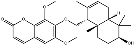 7-[[(1R)-(1,4,4aα,5,6,7,8,8a-オクタヒドロ-6β-ヒドロキシ-2,5,5,8aβ-テトラメチルナフタレン)-1α-イル]メトキシ]-6,8-ジメトキシ-2H-1-ベンゾピラン-2-オン 化学構造式