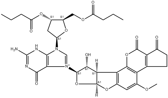 2'-Deoxy-7-[(6aS,8R,9R,9aR)-1,2,3,6a,8,9,9a,11-octahydro-9-hydroxy-4-Methoxy-1,11-dioxocyclopenta[c]furo[3',2':4,5]furo[2,3-h][1]benzopyran-8-yl]guanosine 3',5'-Dibutanoate 结构式