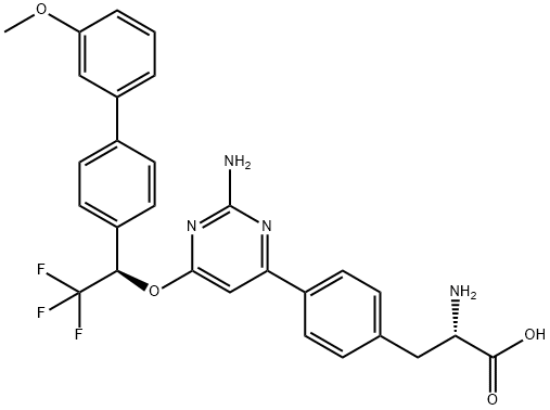 4-[2-Amino-6-[(1R)-2,2,2-trifluoro-1-(3'-methoxy[1,1'-biphenyl]-4-yl)ethoxy]-4-pyrimidinyl]-L-phenylalanine Structure