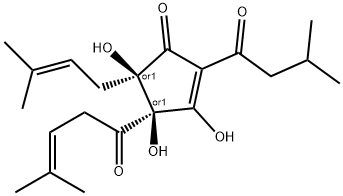 rel-3,4α*,5α*-トリヒドロキシ-5-(3-メチル-2-ブテニル)-2-(3-メチル-1-オキソブチル)-4-(4-メチル-1-オキソ-3-ペンテニル)-2-シクロペンテン-1-オン 化学構造式