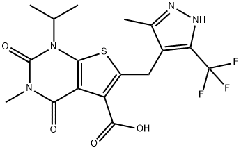 1-isopropyl-3-methyl-6-((5-methyl-3-(trifluoromethyl)-1H-pyrazol-4-yl)methyl)-2,4-dioxo-1,2,3,4-tetrahydrothieno[2,3-d]pyrimidine-5-carboxylic acid Struktur