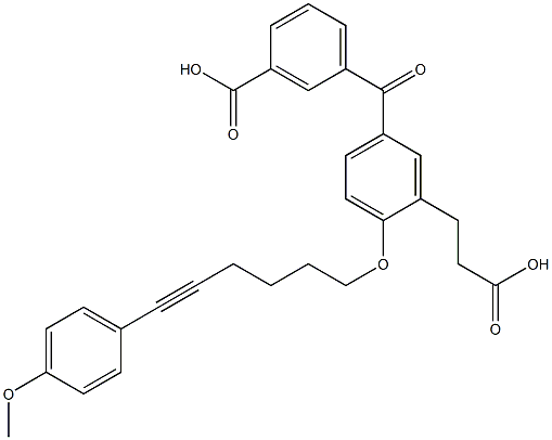 5-(3-カルボキシベンゾイル)-2-[6-(4-メトキシフェニル)-5-ヘキシニルオキシ]ベンゼンプロパン酸 化学構造式