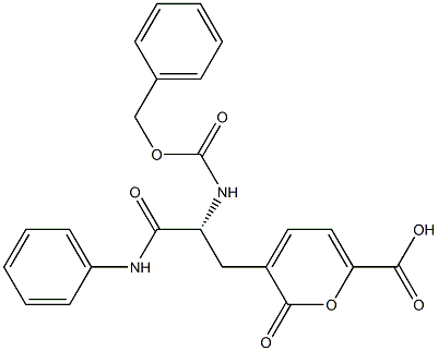 (+)-3-[(R)-2-(ベンジルオキシカルボニルアミノ)-2-(フェニルカルバモイル)エチル]-2-オキソ-2H-ピラン-6-カルボン酸 化学構造式