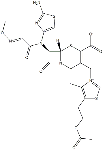 (7R)-7-[(2-アミノ-4-チアゾリル)(メトキシイミノ)アセチルアミノ]-3-[[(5-(2-アセチルオキシエチル)-4-メチルチアゾール-3-イウム)-3-イル]メチル]セファム-3-エン-4-カルボン酸 化学構造式