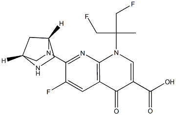 6-フルオロ-1-(2-フルオロ-1-フルオロメチル-1-メチルエチル)-7-[(1R,4R)-2,5-ジアザビシクロ[2.2.1]ヘプタン-2-イル]-1,4-ジヒドロ-4-オキソ-1,8-ナフチリジン-3-カルボン酸 化学構造式
