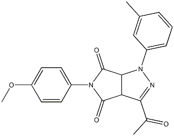 1,3a,4,5,6,6a-ヘキサヒドロ-3-アセチル-4,6-ジオキソ-5-(4-メトキシフェニル)-1-(3-メチルフェニル)ピロロ[3,4-c]ピラゾール 化学構造式