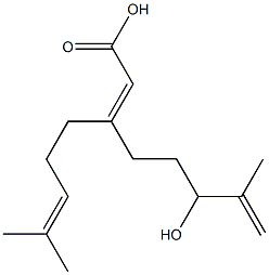 (2E)-6-ヒドロキシ-3-(4-メチル-3-ペンテニル)-7-メチル-2,7-オクタジエン酸 化学構造式